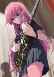 Rule 34 | 1girl, absurdres, black shirt, black skirt, blue eyes, bocchi the rock!, closed mouth, commentary request, electric guitar, gotoh hitori, guitar, hair between eyes, highres, holding, holding instrument, instrument, long hair, looking down, miu (angelo whitechoc), motion lines, music, pink hair, playing instrument, shirt, short sleeves, skirt, solo, standing, sweat, t-shirt