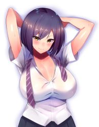 Rule 34 | 1girl, arms behind head, arms up, bad id, bad twitter id, blush, breasts, collarbone, huge breasts, looking at viewer, necktie, nijisanji, nuezou, open clothes, open shirt, purple hair, raised eyebrows, school uniform, shizuka rin, simple background, skirt, smile, solo, striped necktie, striped neckwear, sweat, sweat stain, undone necktie, virtual youtuber, white background, yellow eyes