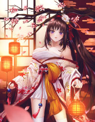 Rule 34 | 1girl, bare shoulders, bell, black hair, bow, breasts, caba (caba091), cherry, cherry blossoms, flower, food, fruit, hair bell, hair bow, hair flower, hair ornament, japanese clothes, kimono, lantern, large breasts, long hair, looking at viewer, obi, off shoulder, open clothes, open kimono, open mouth, original, paper lantern, purple eyes, sarashi, sash, side ponytail, skirt, sleeves past wrists, solo, thighhighs, very long hair, white skirt, white thighhighs