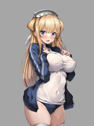 Rule 34 | 1girl, :d, absurdres, ass, blonde hair, blue buruma, blue jacket, blush, breasts, buruma, commentary request, covered navel, fletcher (kancolle), fletcher mk ii (kancolle), grey background, grey eyes, gym shirt, gym uniform, hair ornament, hair ribbon, highres, jacket, kantai collection, long hair, looking at viewer, medium breasts, open mouth, ribbon, shirt, simple background, smile, standing, star (symbol), star hair ornament, thighhighs, thighs, torisan, white shirt, white thighhighs