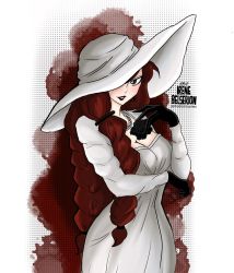 Rule 34 | 1girl, alcina dimitrescu, alcina dimitrescu (cosplay), braid, breasts, cleavage, cosplay, dress, fairy tail, hat, highres, irene belserion, large breasts, long hair, mature female, red hair, resident evil, resident evil village, white dress