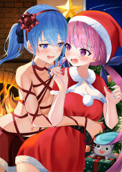 Rule 34 | 2girls, absurdres, belt, black belt, blue eyes, blue hair, blue nails, breasts, christmas, christmas lights, christmas tree, cleavage, dress, drooling, fang, fire, fireplace, from behind, floral bow, grabbing, grabbing from behind, hair ribbon, hat, highres, hololive, hoshimachi suisei, hug, indoors, looking at another, looking back, low twintails, medium breasts, minato aqua, miniskirt, multicolored hair, multiple girls, navel, night, night sky, open mouth, pink hair, pom pom (clothes), purple eyes, raised eyebrows, red ribbon, red skirt, ribbon, santa costume, santa dress, santa hat, shooting star, side ponytail, skirt, sky, small breasts, star (sky), star (symbol), star in eye, starry sky, streaked hair, symbol in eye, topless, towrituka, twintails, virtual youtuber, window, yuri
