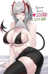 Rule 34 | 1girl, absurdres, ahoge, antennae, arknights, arm support, black bra, black shorts, black thighhighs, bra, breasts, clothes lift, commentary request, grey hair, grey tank top, hair between eyes, half updo, highres, horns, kanta (kanta 077), large breasts, looking at viewer, mouth hold, navel, orange eyes, shirt lift, short hair, short shorts, shorts, simple background, sitting, solo, stomach, tail, tank top, thick thighs, thighhighs, thighs, underwear, w (arknights), white background