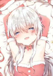 Rule 34 | 1girl, absurdres, alternate costume, armpits, blue eyes, blush, breasts, cleavage, dress, gloves, hair between eyes, hat, hibiki (kancolle), highres, kantai collection, long hair, lying, on back, open mouth, santa costume, santa dress, santa gloves, santa hat, silver hair, small breasts, smile, solo, sorahachi (sora823)