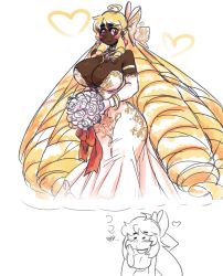 Rule 34 | 1girl, ahoge, armlet, bare shoulders, blonde hair, blush, blush stickers, bouquet, bow, breasts, cleavage, curvy, dark skin, dress, drill hair, dual persona, earrings, eyebrows, flower, hair bow, heart, highres, imagining, jewelry, kirbila (yellow kirby), large breasts, long hair, looking at viewer, mole, mole on breast, mole under eye, original, red eyes, ringlets, smile, thick eyebrows, thought bubble, very dark skin, very long hair, wedding dress, white background, wide hips, yellow kirby