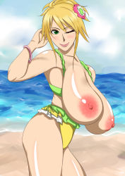Rule 34 | 1girl, beach, blonde hair, blush, breasts, breasts out, cowboy shot, es hisashi, female focus, green eyes, hair ornament, highres, huge breasts, lips, looking at viewer, nipples, ocean, one eye closed, outdoors, sagging breasts, shiny skin, short hair, smile, solo, standing, swimsuit, thighs, wink