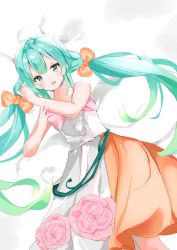 Rule 34 | 1girl, absurdres, bare arms, bare shoulders, bed sheet, bow, collarbone, commentary request, dress, flower, green eyes, green hair, hair bow, hands up, hatsune miku, highres, long hair, orange bow, pink flower, pink rose, rose, solo, twintails, very long hair, vocaloid, white dress, yukaa