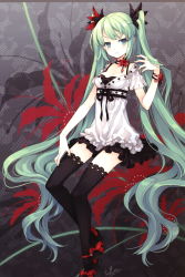 Rule 34 | 1girl, absurdres, black thighhighs, blush, bracelet, breasts, choker, cleavage, dress, face, flower, green eyes, green hair, hatsune miku, highres, jewelry, lace, lace-trimmed legwear, lace trim, legs, long hair, matching hair/eyes, nail polish, scan, sitting, skirt, solo, tearfish, thighhighs, tsundere, twintails, very long hair, vocaloid, white dress, white skirt, world is mine (vocaloid), zettai ryouiki