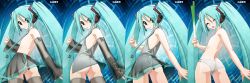 Rule 34 | aqua eyes, aqua hair, armpits, bottomless, closed eyes, detached sleeves, flat chest, hatsune miku, highres, long image, necktie, nipples, no panties, panties, see-through, spring onion, striped clothes, striped panties, thighhighs, topless, twintails, underwear, vocaloid, wide image