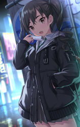 Rule 34 | 1girl, :o, against wall, backlighting, black hair, black jacket, black skirt, blurry, blurry background, blush, brown eyes, collared shirt, commentary request, cowboy shot, graffiti, green necktie, hand in own hair, hand up, highres, idolmaster, idolmaster cinderella girls, jacket, long hair, long sleeves, looking at viewer, mask, miniskirt, mole, mole under eye, mouth mask, necktie, open mouth, outdoors, partially unbuttoned, pleated skirt, sharp teeth, shirt, skirt, solo, striped necktie, striped neckwear, sunazuka akira, surgical mask, tamakaga, teeth, twintails, unworn mask, upper teeth only, white shirt, wing collar, zipper, zipper pull tab