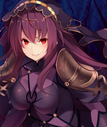 Rule 34 | 1girl, blush, bodysuit, breasts, close-up, fate/grand order, fate (series), hair between eyes, highres, kujou ichiso, large breasts, long hair, looking at viewer, purple bodysuit, purple hair, red eyes, scathach (fate), shoulder pads, smile, solo, upper body, veil
