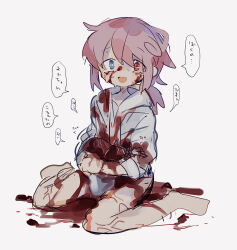 Rule 34 | 1boy, blood, blood on arm, blood on cheek, blood on face, blood on ground, blue eyes, bright pupils, commentary request, crying, crying with eyes open, disemboweled, fang, full body, guro, hair between eyes, heterochromia, highres, injury, intestines, male focus, naked shirt, open mouth, original, pink eyes, pink hair, ponytail, raised eyebrows, raito-kun (uenomigi), sad smile, scared, shirt, short hair, short ponytail, sidelocks, simple background, sitting, skin fang, smile, solo focus, speech bubble, sweat, tears, traumatized, uenomigi, wariza, white background, white pupils