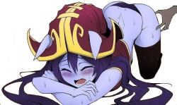 Rule 34 | &gt;o&lt;, 1girl, all fours, ass, bare shoulders, bent over, blue skin, colored skin, ears down, closed eyes, hat, imminent rape, league of legends, long hair, lulu (league of legends), lying, on stomach, open mouth, panties, pointy ears, purple hair, shirt, simple background, sleeveless, sleeveless shirt, sweat, thighhighs, third-party edit, underwear, waero, white background, wizard hat, yordle