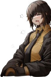 Rule 34 | 1girl, black gloves, black jacket, black necktie, brown hair, cheogtanbyeong, closed eyes, eyepatch, girls&#039; frontline, gloves, highres, jacket, long hair, long sleeves, m16a1 (girls&#039; frontline), multicolored hair, necktie, off shoulder, open mouth, saliva, shirt, simple background, sleeping, squeans, upper body, yellow shirt