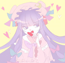 Rule 34 | 1girl, blue bow, blue ribbon, blunt bangs, bow, bowtie, capelet, covering own mouth, crescent, crescent hat ornament, hair bow, hat, hat ornament, hat ribbon, heart, highres, holding, holding heart, long hair, looking to the side, mob cap, patchouli knowledge, pink bow, pink bowtie, pink capelet, purple eyes, purple hair, purple ribbon, red bow, red ribbon, repya9, ribbon, simple background, solo, touhou, upper body, wide sleeves, yellow background