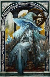 Rule 34 | 1girl, blue dress, blue eyes, blue hair, blue headwear, blue robe, blue skin, book, book stack, border, cloak, colored skin, cracked skin, crystal, dress, elden ring, extra arms, extra faces, extra hands, eyes visible through headwear, fur cloak, hands on lap, hat, highres, large hat, liuyuart, looking at viewer, medium hair, observatory, on chair, one eye closed, ornate border, painting (medium), ranni the witch, robe, sitting, steepled fingers, traditional media, tree, watercolor (medium), wide brim, witch, witch hat