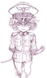 Rule 34 | 1girl, arms behind back, commentary request, greyscale, hat, highres, iwamoto tatsurou, looking at viewer, military, military uniform, monochrome, peaked cap, ringed eyes, short hair, simple background, sketch, smile, solo, tanya degurechaff, uniform, wavy hair, youjo senki
