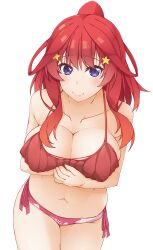 Rule 34 | 1girl, bare arms, bikini, blue eyes, blush, breast hold, breast lift, breasts, cleavage, closed mouth, collarbone, commentary request, cowboy shot, eyelashes, frilled bikini, frills, go-toubun no hanayome, hair between eyes, hair ornament, hinata masaki, large breasts, lips, long hair, looking at viewer, nakano itsuki, navel, paid reward available, ponytail, red bikini, red hair, side-tie bikini bottom, sidelocks, simple background, smile, solo, standing, star (symbol), star hair ornament, swimsuit, wavy hair, white background