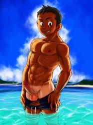 Rule 34 | 1boy, abs, beach, erection, highres, looking at viewer, male focus, muscular, nipples, original, outdoors, penis, public indecency, sky, smile, solo, summer, tan, tanline, teeth, testicles, torte (triggerhappy), undressing, water