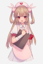 Rule 34 | 1girl, :o, apron, bandages, fang, hair ornament, hat, light brown hair, long hair, looking at viewer, natori sana, nurse cap, pink apron, pink hat, puffy short sleeves, puffy sleeves, rabbit hair ornament, red eyes, sana channel, short sleeves, solo, two side up, virtual youtuber, zumi tiri