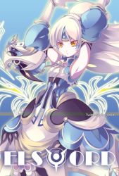 Rule 34 | 1girl, armpits, arms up, bad id, bad pixiv id, blue background, character name, copyright name, detached sleeves, dress, elsword, eve (elsword), expressionless, forehead jewel, long hair, solo, twitter username, vilor, white hair, yellow eyes