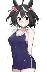 Rule 34 | 1girl, ahoge, animal ears, arms behind back, black hair, blue one-piece swimsuit, blush, breasts, brown eyes, cleavage, closed mouth, collarbone, commentary request, cowboy shot, embarrassed, groin, hair ornament, highres, horse ears, kitasan black (umamusume), kobinbin, looking at viewer, medium breasts, multicolored hair, nervous, one-piece swimsuit, partial commentary, school swimsuit, short hair, simple background, solo, streaked hair, swimsuit, umamusume, wet, wet clothes, wet swimsuit, white background, white hair