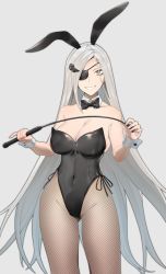 Rule 34 | 1girl, alchemist (girls&#039; frontline), animal ears, bare shoulders, bdsm, black bow, black bowtie, black pantyhose, bow, bowtie, breasts, cleavage, covered navel, detached collar, dominatrix, eyepatch, fake animal ears, fishnet pantyhose, fishnets, girls&#039; frontline, grey hair, groin, holding, holding riding crop, holding whip, leotard, long hair, looking at viewer, medium breasts, pantyhose, playboy bunny, rabbit ears, riding crop, sadism, sangvis ferri, simple background, smile, smirk, solo, standing, very long hair, whip, wrist cuffs, yellow eyes, youjja