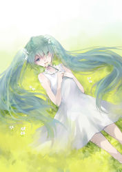 Rule 34 | 1girl, dress, female focus, flower, gradient background, grass, hair flower, hair ornament, hair over one eye, hatsune miku, highres, long hair, lying, plant, solo, twintails, very long hair, vocaloid, yu (kongxiang)