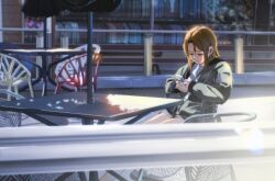 Rule 34 | 1girl, absurdres, brown hair, building, cellphone, chair, city, day, green jacket, highres, holding, holding phone, jacket, natsume hinako, original, outdoors, phone, shirt, sitting, smartphone, solo, table, white shirt