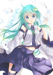 Rule 34 | 1girl, aqua eyes, aqua hair, bandages, blush, detached sleeves, female focus, frog hair ornament, hair ornament, highres, kochiya sanae, long hair, long sleeves, looking at viewer, maryquant, midriff, navel, shirt, skirt, skirt set, solo, spell card, touhou, wide sleeves