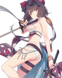 Rule 34 | 1girl, ass, bare shoulders, bikini, blue eyes, blue ribbon, bracelet, breasts, dual wielding, fate/grand order, fate (series), floral print, goggles, goggles on head, hair ornament, holding, holding sword, holding weapon, jewelry, katana, katsushika hokusai (fate), katsushika hokusai (swimsuit saber) (fate), kildir, long hair, low twintails, medium breasts, purple hair, ribbon, sheath, swimsuit, sword, thigh strap, twintails, very long hair, weapon, white bikini