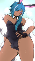 Rule 34 | 1boy, adjusting clothes, adjusting leotard, bare shoulders, blue eyes, blue hair, bulge, collarbone, contrapposto, dark skin, detached collar, earrings, erection, erection under clothes, eyepatch, fingerless gloves, from below, fur, genshin impact, gloves, gluteal fold, head tilt, ichino (ichinon), jewelry, kaeya (genshin impact), leotard, long hair, looking at viewer, male playboy bunny, playboy bunny, shawl, signature, solo, testicles, trap
