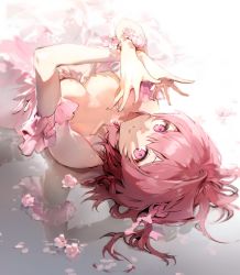 Rule 34 | 1girl, anmi, bare shoulders, bow, braid, breasts, cleavage, closed mouth, collarbone, crossed wrists, dress, flower, flower bracelet, from behind, hair bow, highres, looking at viewer, looking back, medium breasts, petals, pink bow, pink dress, pink eyes, pink flower, pink hair, reflection, reflective floor, short hair, smile, solo, strapless, strapless dress