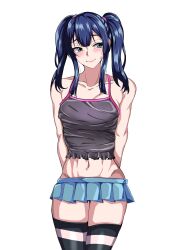 Rule 34 | 1boy, arms behind back, blue eyes, blue hair, blush, camisole, crossdressing, highres, kazura1000, long hair, male focus, microskirt, midriff, simple background, skirt, smile, striped clothes, striped thighhighs, tagme, thighhighs, trap, twintails, white background