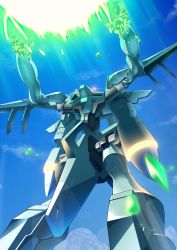 Rule 34 | cloud, crystal, from below, gamiani zero, highres, looking ahead, mecha, mecha request, no humans, open hands, robot, science fiction, sky, solo, soukyuu no fafner