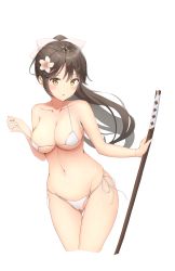 Rule 34 | 1girl, absurdres, azur lane, bad id, bad pixiv id, bare arms, bare shoulders, bikini, black hair, bow, breasts, cameltoe, cleavage, collarbone, cropped legs, flower, frown, gluteal fold, groin, hair bow, hair flower, hair ornament, hairclip, haruka poi, highres, holding, large breasts, long hair, looking at viewer, navel, parted lips, ponytail, side-tie bikini bottom, sidelocks, simple background, solo, standing, stomach, strap pull, string bikini, swimsuit, sword, takao (azur lane), thighs, weapon, white background, white bikini, wooden sword, yellow eyes