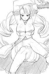 Rule 34 | aq interactive, arcana heart, arcana heart 2, armpits, atlus, bare shoulders, breasts, cleavage, dress, drill hair, elbow gloves, examu, gloves, greyscale, gun, hands on own hips, huge breasts, crossed legs, long hair, monochrome, petra johanna lagerkvist, sitting, solo, thighhighs, utamaro, weapon