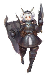 Rule 34 | 1girl, alvis (last origin), armor, armored skirt, axe, bad id, bad pixiv id, breastplate, faulds, full body, greaves, hairband, highres, holding, holding axe, holding shield, june 5, last origin, looking at viewer, medium hair, pauldrons, red eyes, shield, shoulder armor, simple background, smile, solo, two side up, weapon, white background, white hair