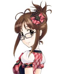 Rule 34 | 1girl, aidama (td1143), akizuki ritsuko, bow, brown eyes, brown hair, folded ponytail, glasses, hair bow, hair ornament, hair up, idolmaster, idolmaster (classic), looking at viewer, looking back, simple background, solo, updo, upper body, white background