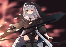 Rule 34 | 1girl, arknights, belt, belt buckle, black belt, black dress, buckle, circular saw, closed mouth, cowboy shot, dress, feet out of frame, grey hair, habit, hair between eyes, hands on own face, hands up, holding, holding weapon, long hair, long sleeves, looking at viewer, md5 mismatch, nacoty, nun, red eyes, resolution mismatch, saw, smile, solo, source larger, specter (arknights), weapon