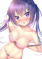 Rule 34 | !, 1girl, bare arms, bare shoulders, blush, bow, bow bra, bow panties, bra, breasts, cleavage, collarbone, commentary request, dutch angle, gochuumon wa usagi desu ka?, groin, hair between eyes, hair ornament, hairclip, head tilt, long hair, looking at viewer, medium breasts, navel, nose blush, open mouth, panties, pink bra, pink panties, purple eyes, purple hair, shibainu niki, simple background, solo, spoken exclamation mark, tedeza rize, twintails, underwear, underwear only, undressing, very long hair, white background