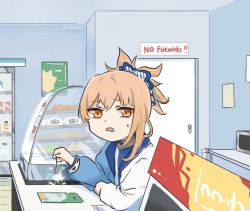 Rule 34 | 1girl, annoyed, baozi, cash register, commentary, contemporary, convenience store, english commentary, english text, fireworks, food, genshin impact, hair between eyes, hair ornament, highres, holding fireworks, light brown hair, long hair, long sleeves, looking at viewer, microwave, official alternate costume, ponytail, senkou hanabi, shop, sidelocks, solo, sparkler, store clerk, sweatdrop, xinzoruo, yellow eyes, yoimiya (genshin impact), yoimiya (lawson) (genshin impact)