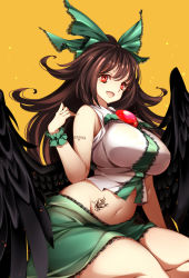 Rule 34 | 1girl, :d, absurdres, black wings, bow, breasts, bright pupils, brown hair, crop top, feathered wings, feet out of frame, frilled skirt, frills, green bow, green skirt, hair bow, highres, kneeling, large bow, large breasts, light particles, long hair, looking at viewer, navel, open mouth, orange background, raptor7, red eyes, reiuji utsuho, scrunchie, shoulder tattoo, sitting, skirt, sleeveless, smile, solo, stomach, stomach tattoo, tattoo, thighs, touhou, white pupils, wings, wrist scrunchie