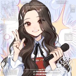 Rule 34 | 1girl, 2022, animification, black ribbon, blush, brown hair, collared shirt, dress, dvd logo, english text, highres, holding, holding microphone, k-pop, kep1er, long hair, looking at viewer, meyou084, microphone, neck ribbon, parted lips, portrait, real life, red dress, ribbon, shen xiaoting, shirt, smile, solo, v, watermark, white shirt