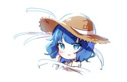 Rule 34 | 1girl, blue eyes, blue hair, blush, closed mouth, colorful festival (project sekai), hand on own cheek, hand on own face, hat, kiritani haruka, lat1e, looking at viewer, medium hair, portrait, project sekai, solo, straw hat, sun hat, white background