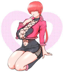Rule 34 | 1girl, absurdres, breasts, covered eyes, cross-laced clothes, cross-laced dress, highres, large breasts, long hair, red hair, shermie (kof), solo, the king of fighters, thighs, white background