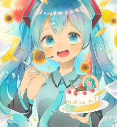 Rule 34 | 1girl, 39, :d, absurdres, balloon, bare shoulders, blue eyes, blue hair, blush, cake, collared shirt, detached sleeves, flower, food, fork, hair ornament, hairclip, hatsune miku, highres, holding, holding food, holding fork, long hair, long sleeves, looking at viewer, nagihoko, nail polish, necktie, open mouth, petals, shirt, sky, sleeveless, sleeveless shirt, smile, solo, sunflower, tie clip, twintails, vocaloid