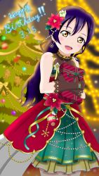 Rule 34 | 1girl, alternate hairstyle, artist name, artist request, bare shoulders, black gloves, black sky, blue hair, blush, box, bracelet, breasts, brown eyes, christmas, christmas lights, christmas tree, cloud, collarbone, dress, earrings, female focus, flower, frilled dress, frilled skirt, frills, gem, gift, gift box, gloves, green skirt, hair between eyes, hair flower, hair ornament, half updo, highres, holding, holding gift, jewelry, leaf hair ornament, long hair, looking at viewer, love live!, love live! school idol festival, love live! school idol festival all stars, love live! school idol project, low ponytail, luxury christmas (love live!), miniskirt, night, night sky, numuyu116, numuyu (numuyu116), outdoors, parted lips, pearl (gemstone), plaid, plaid dress, plaid skirt, pleated, pleated dress, pleated skirt, ponytail, red flower, red skirt, ribbon, skirt, skirt under dress, sky, sleeveless, sleeveless dress, smile, solo, sonoda umi, star (sky), star (symbol), star earrings, star print, white flower, yellow eyes, yellow ribbon