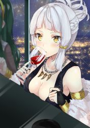 Rule 34 | 2girls, armband, black dress, bracelet, braid, breasts, bridal gauntlets, cleavage, cleopatra (fate), collarbone, commentary request, cup, dress, drinking, drinking glass, fate/grand order, fate (series), green hair, hair up, highres, jewelry, large breasts, long hair, multiple girls, necklace, night, night sky, penthesilea (fate), penthesilea (shining skyscrapers) (fate), red wine, silver hair, sky, sleeveless, sleeveless dress, solo focus, wine glass, yellow eyes, yufou
