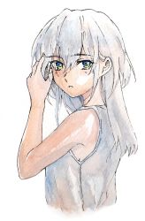 Rule 34 | 1boy, adjusting hair, alternate costume, blue eyes, blush, commentary, cropped torso, dodomori, fingernails, genderswap, genderswap (ftm), green eyes, hair between eyes, highres, kantai collection, long hair, looking at viewer, male focus, parted lips, shirt, silver hair, simple background, sleeveless, sleeveless shirt, solo, suzutsuki (kancolle), traditional media, white background, white shirt